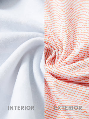 Close-up of the inner and outer fabric of youth full print stylish hoodies pullover in orange sea wave, showing texture and finish