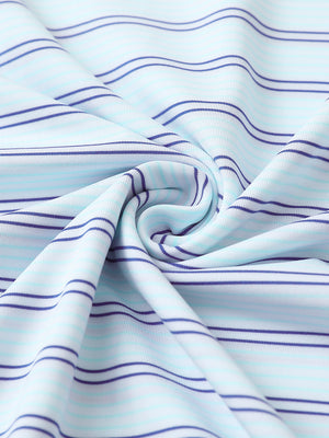 Close-up fabric detail of performance stripe golf shirts, breathable texture with soft mint green cobalt stripe finish