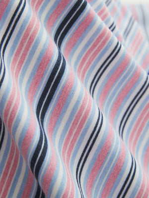 Fabric close-up of Performance yarn dye striped polo showing crisp stripes and pink blue stripe detail