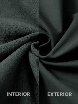Close-up of the inner and outer fabric of winter thermal outdoor water resistant fleece jacket in grey, showing fleece lining and exterior.