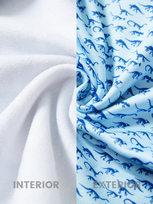 Close-up of the inner and outer fabric of youth full print stylish hoodies pullover in blue dinosaur, showing texture and finish