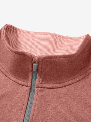 Collar detail close-up in brick melange  lightweight sleeveless quarter zip golf vest