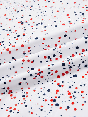Close-up of white polka dots full print lightweight quarter zip pullover fabric, soft and breathable texture