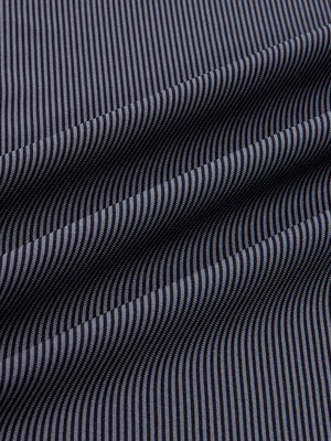 Close-up fabric view of long sleeve pinstripe jersey polo, smooth knit with subtle black stripe stripes