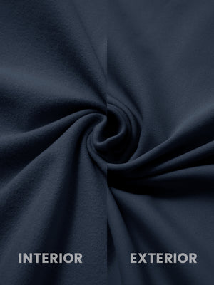 Close-up of inside and outside fabric of lightweight casual fleece jacket with 5 pockets in navy.