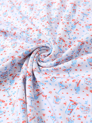 Close-up of beverage glass performance jersey print polo fabric texture.