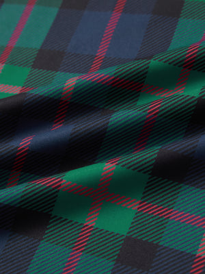 Full print lightweight quarter zip pullover, close-up of smooth fabric with detailed print in dark plaid