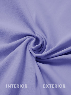 Close-up of inside and outside fabric of lightweight casual fleece jacket with 5 pockets in lavender.