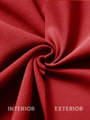 Close-up of the inner and outer fabric of kids soft lightweight fleece lined jacket in red.