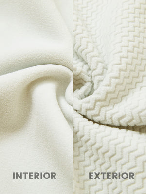 Close-up fabric detail of soft winter fleece jackets, plush texture with warm feel in beige