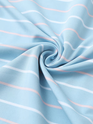 Close-up of misty blue stripe stylish stripe jersey golf polo fabric showing smooth texture and breathable knit.