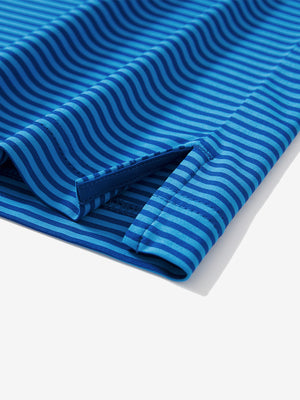 Detail: hem slit of cobalt stripe upgraded two-tone striped quick dry polo shirt