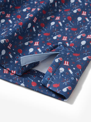 Close-up of the hem vent on the american elements 4 way stretch print collared polo shirt, showing the side split for movement