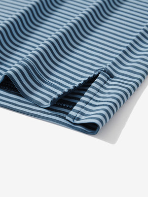 Detail: hem slit of blue denim stripe upgraded two-tone striped quick dry polo shirt