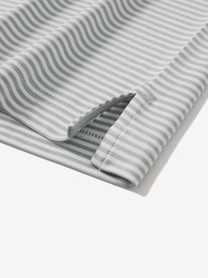 Detail: hem slit of grey white stripe upgraded two-tone striped quick dry polo shirt