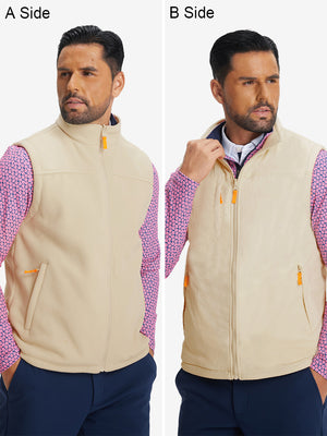 Model wearing khaki windproof fleece reversible golf vest showcasing both sides of the reversible design.