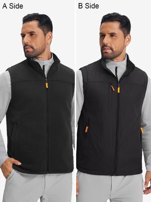 Model wearing black windproof fleece reversible golf vest showcasing both sides of the reversible design.