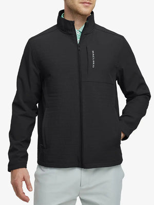 Model in Black Softshell Jacket, front half-body view from nose down – clean and confident look
