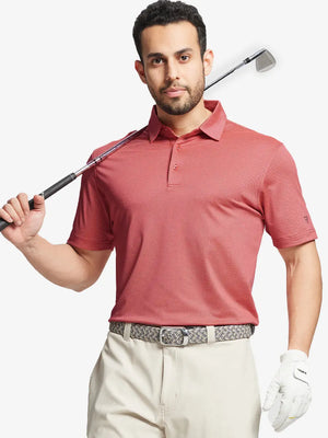 Model half-body front pose with golf club in ORANGE Performance Ananas Jacquard Polo