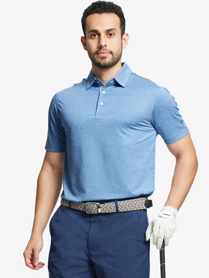 Front half-body shot of model holding golf club wearing Ventilated Heather Jacquard Polo – CLASSIC BLUE