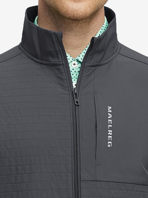 Close-up of collar detail on the dark grey Softshell Jacket, showing quality and design