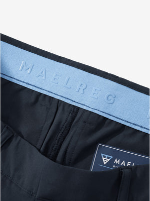 Detail view of inner waistband on navy women's regular fit stretchy golf pants
