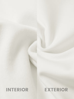 Inside and outer fabric close-up of beige golf lightweight fleece lined dress pants, soft fleece lining.