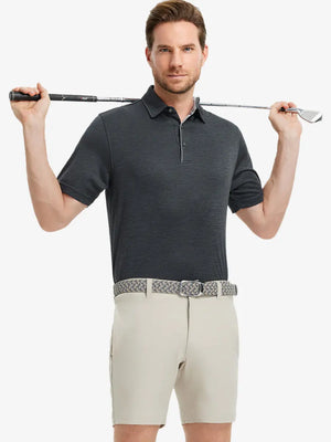 Model in Modern Fit Melange Polo BLACK HEATHER, front half-body holding golf club, highlighting casual style.