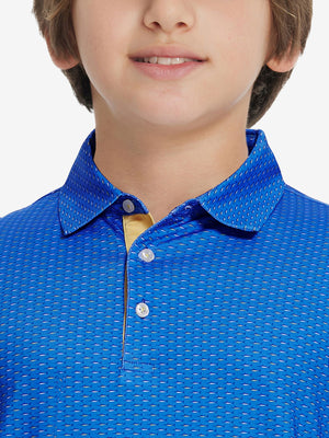 Collar close-up of Stylish print boys polo shirts with neat stitching in blue swordfish