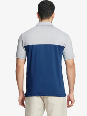 Back half-body view wearing BLUE Premium Performance Polo