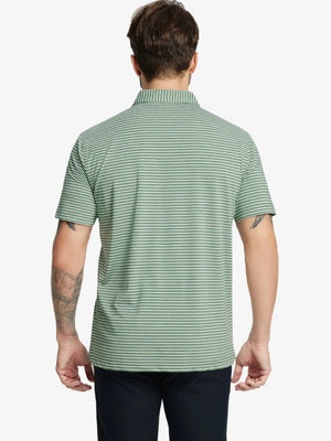 Back half-body shot of model showcasing the back of Sport Fit Stripe Polo in Dark Green Stripe