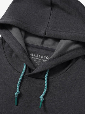 Detail of hoodie’s drawstring and hood design in Dark Grey Heather