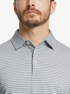 Front close-up shot of model from nose to chest wearing Sport Fit Stripe Polo in Grey White Stripe
