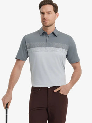 Half-body front shot holding golf club in GREYGLACIER GREY Premium Performance Polo