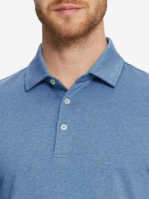 Collar detail of Skin-friendly long sleeve melange polo with soft touch in blue heather