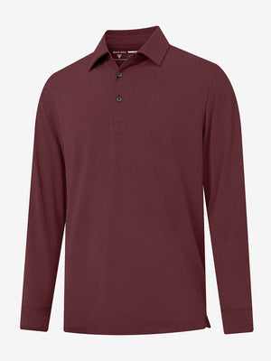 Front 3D view of Skin-friendly long sleeve melange polo in burgundy with refined look
