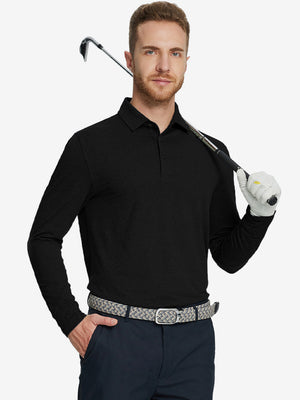 Model holding golf club wearing Skin-friendly long sleeve melange polo in clean black
