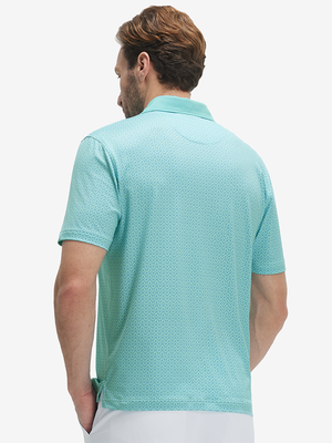 Back half-body of model in pea green goose lightweight stretch upgraded print golf polo shirts
