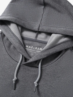 Close-up shot of drawstring and hood details on Neutral Grey Heather hoodie