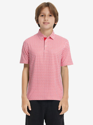 Front half-body shot of youth in red lobster performance print boys golf polo, highlighting design and fit