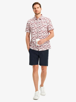 Full-body front view holding a takeaway drink cup, wearing SUNSET ELK Stylish Printing Summer Shirt.