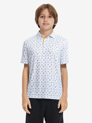 Model front upper body wearing Stylish print boys polo shirts in fresh white golf style