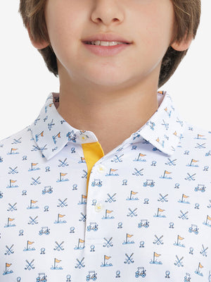 Collar close-up of Stylish print boys polo shirts with neat stitching in white golf