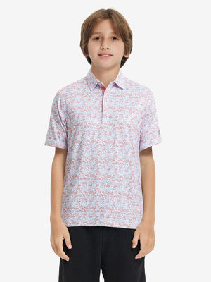 Model front upper body wearing Stylish print boys polo shirts in fresh white pizza style