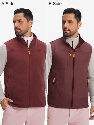 Model wearing maroon windproof fleece reversible golf vest showcasing both sides of the reversible design.
